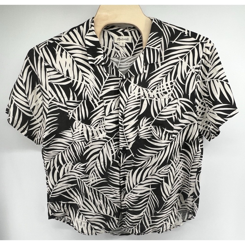 Madewell XL Mens Linen Viscose Blend Hawaiian Floral Camp Shirt Black White